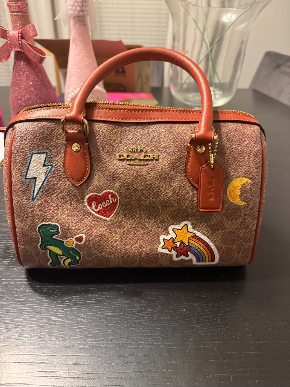 Coach Brown Signature Canvas Satchel with Colorful Patches